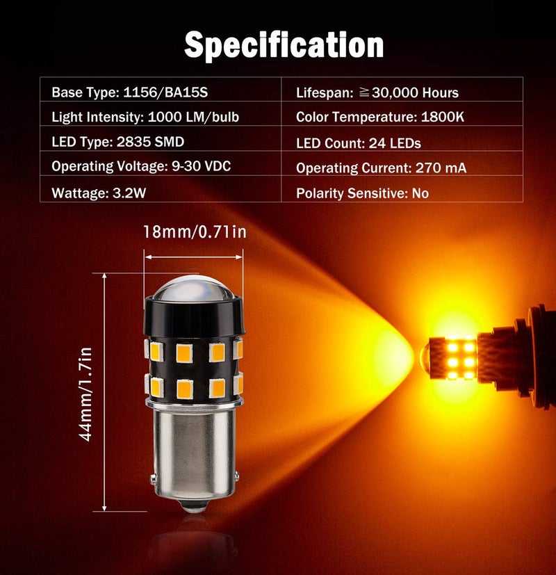 BRISHINE 4-Pack Super Bright 1156 1003 1141 7506 BA15S LED Bulbs Amber Yellow 9-30V Non-Polarity 24-SMD LED Chipsets with Projector for Turn Signal Lights, Side Marker Lights - Image 2